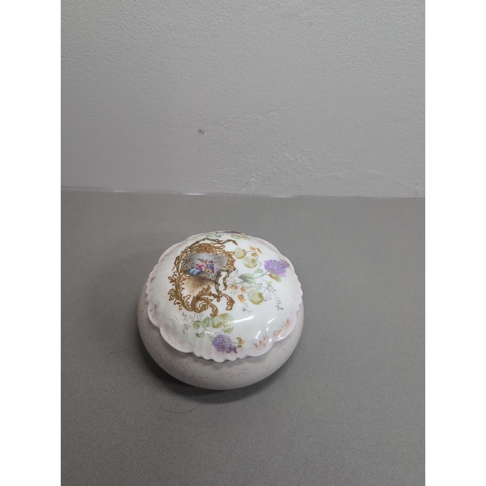 Vintage Porcelain Trinket Box with Gold Accents and Courting Design
